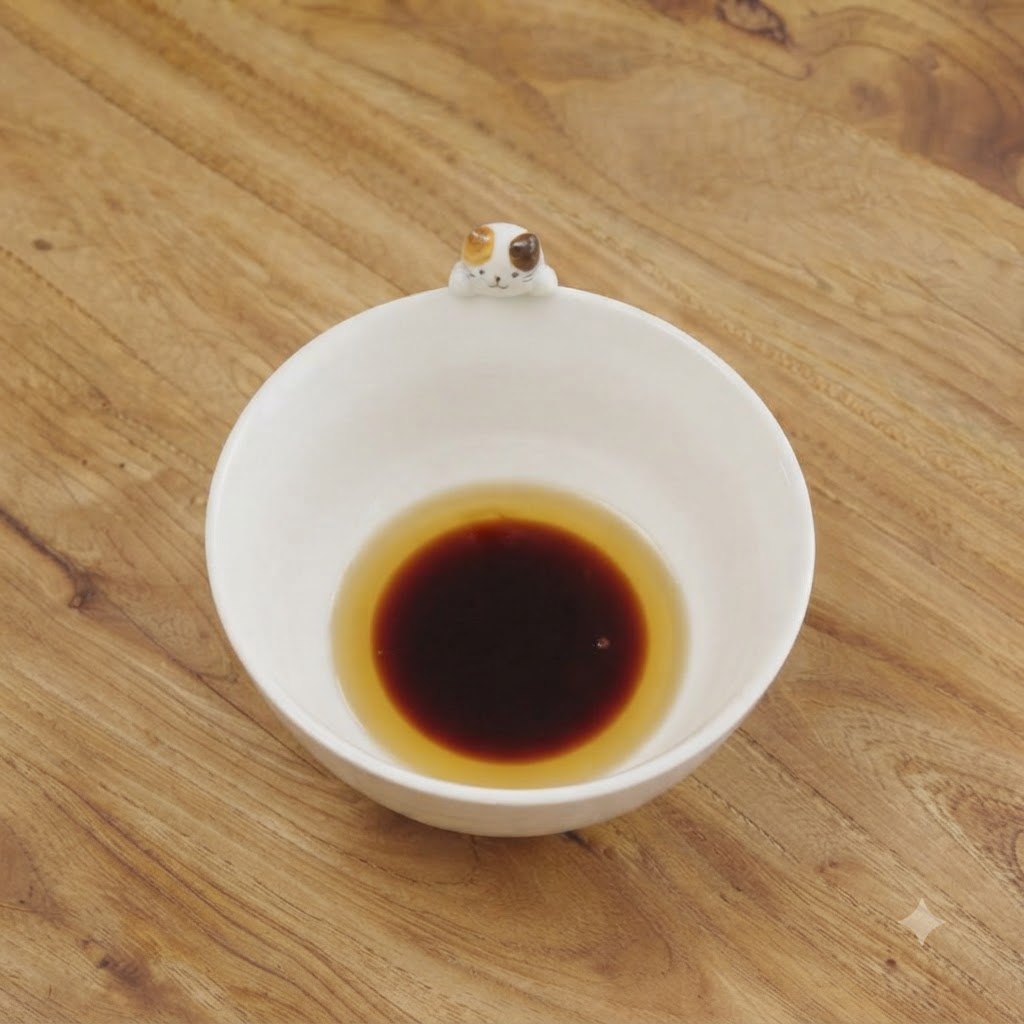 A white bowl containing dark mixed soy and oyster sauces with tomato paste on a wooden surface.
