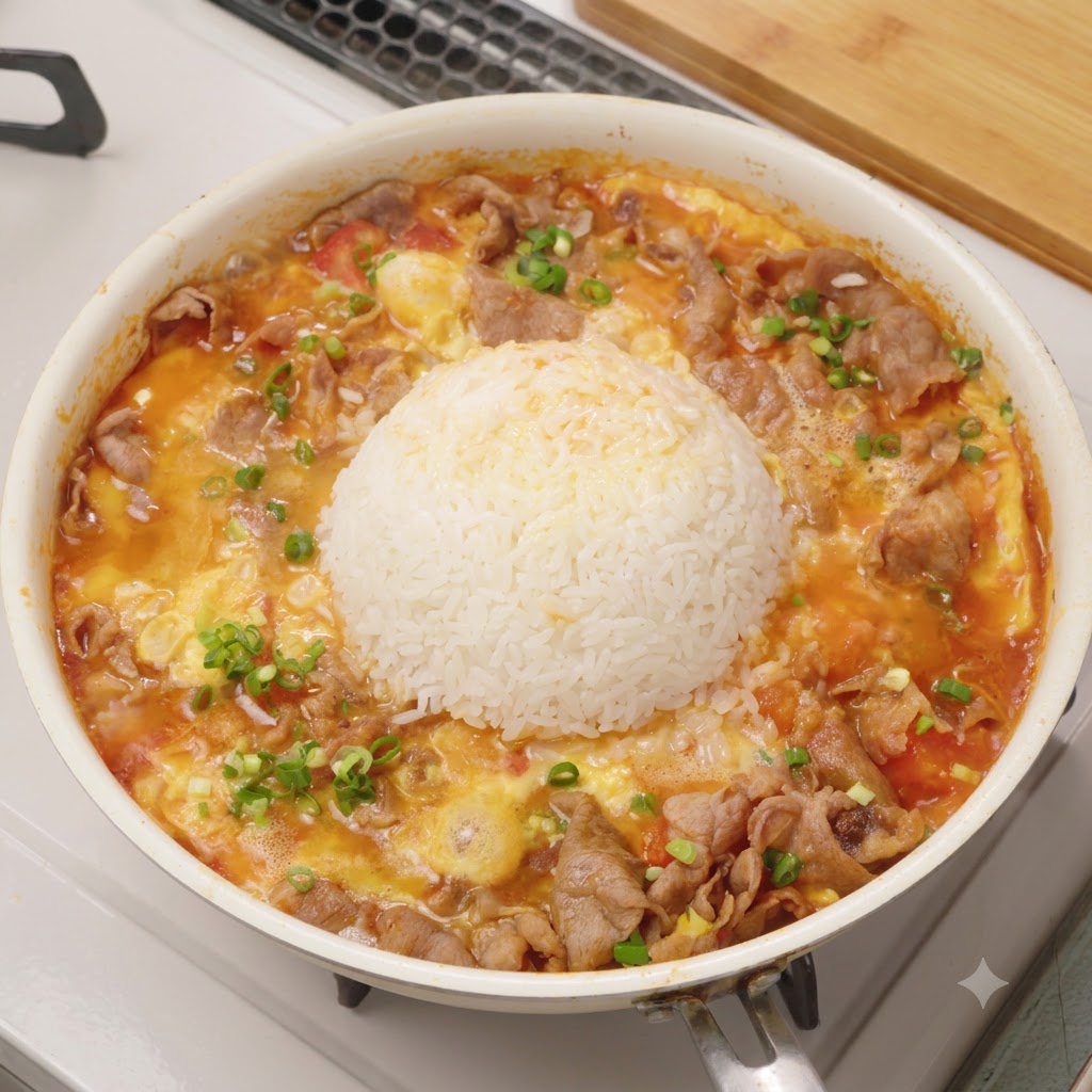 A wide pan filled with a cooked tomato and beef egg mixture featuring a molded ball of white rice in the center and green onion garnish.