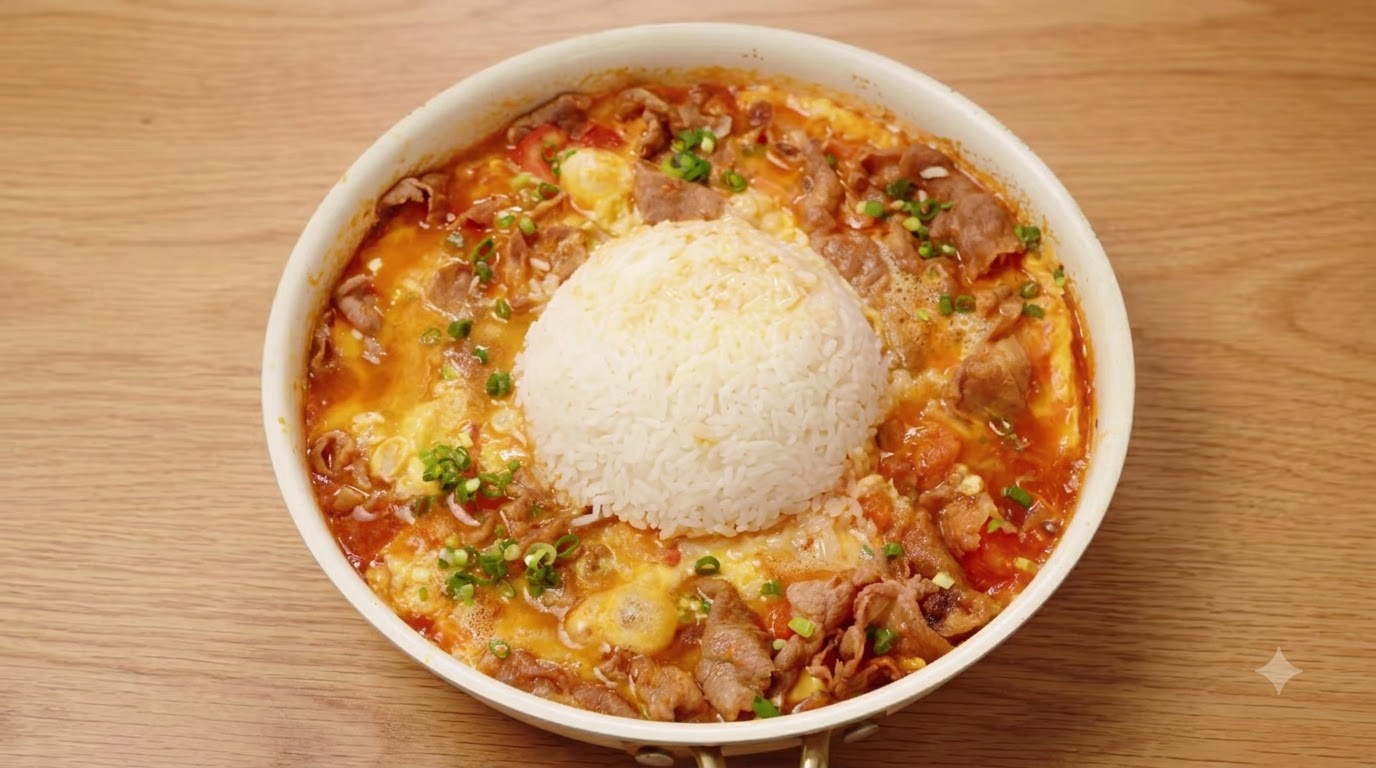 Tomato and Beef Slippery Egg Rice Bowl