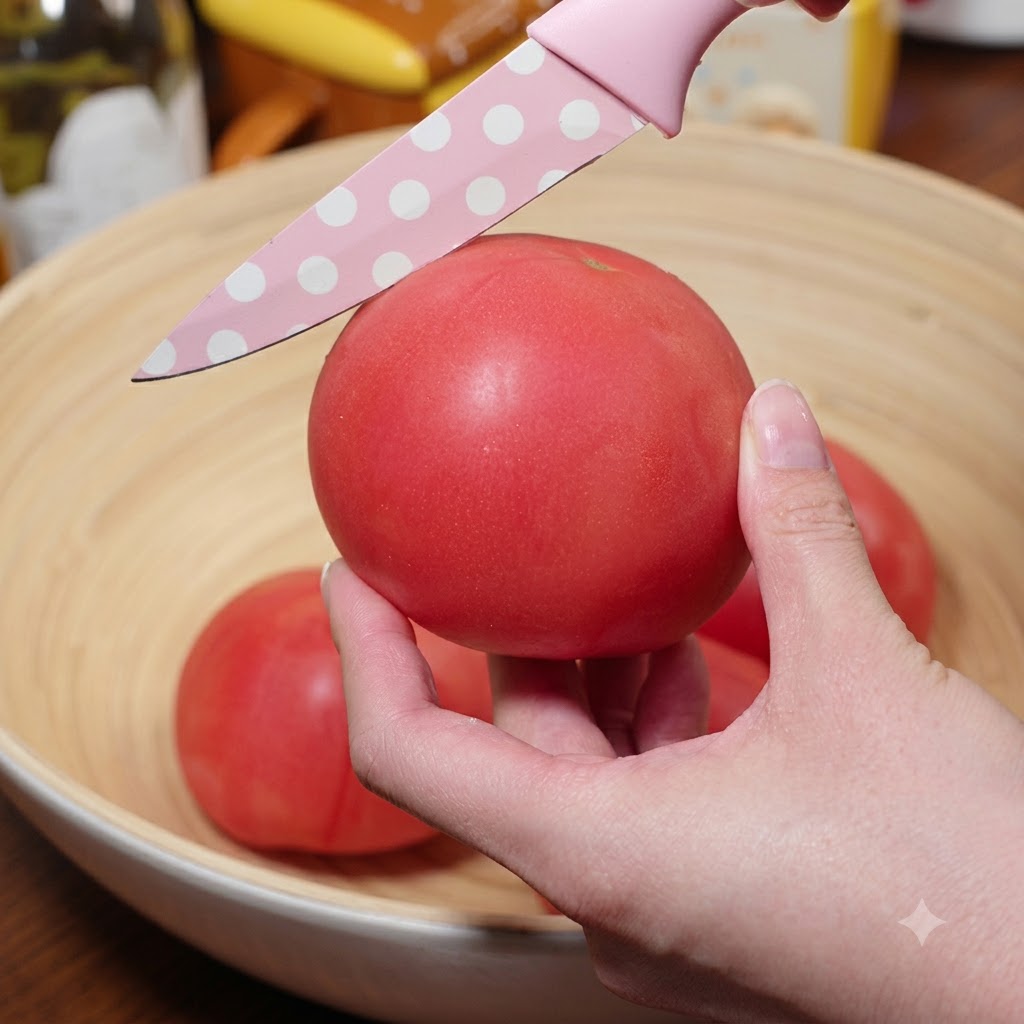A close-up view of a hand scoring the top of a fresh red tomato with a pink patterned knife inside a wooden bowl.