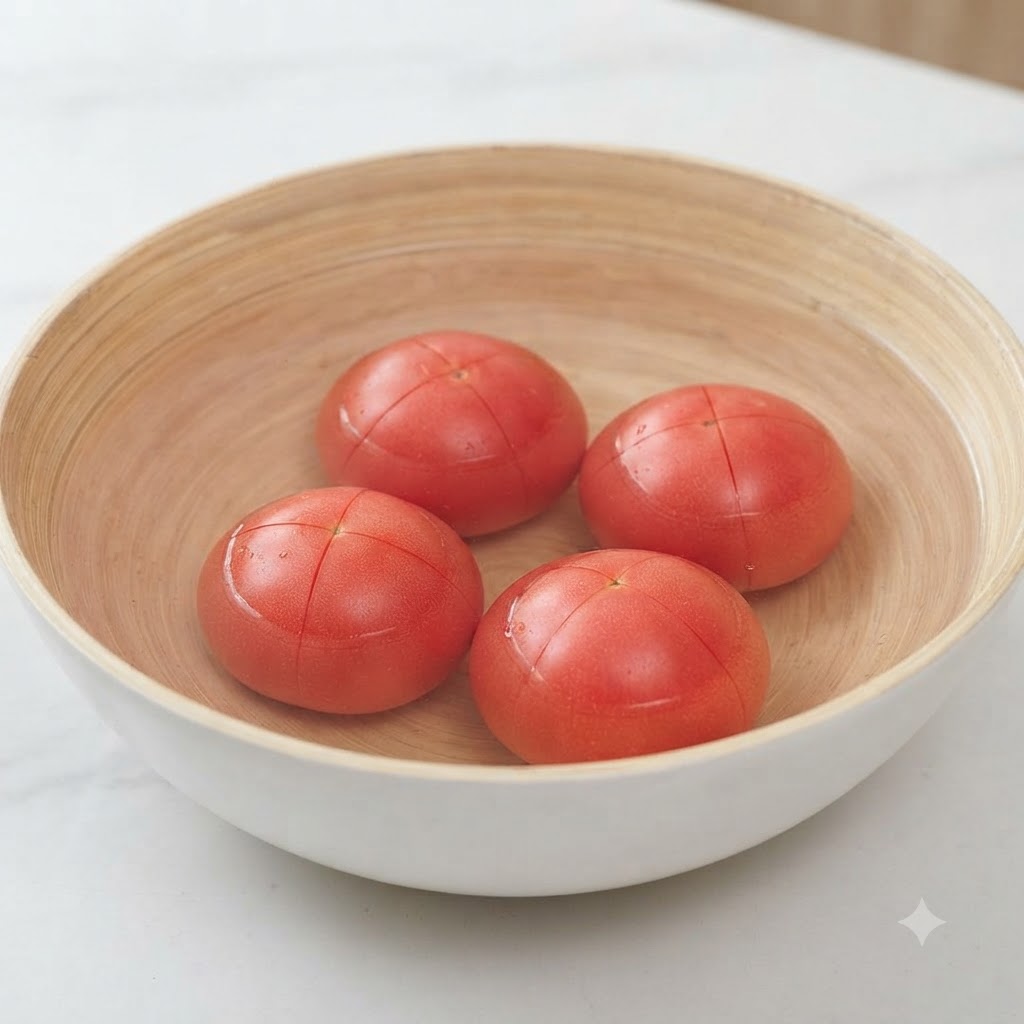 Four scored tomatoes sitting in a wooden bowl filled with hot water.