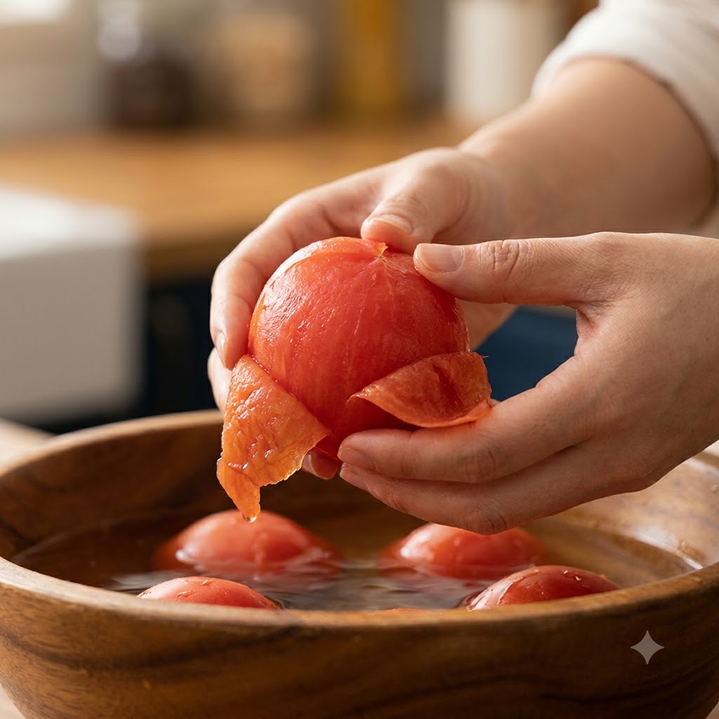 A person peeling the skin off a scalded tomato over a wooden bowl of tomatoes.