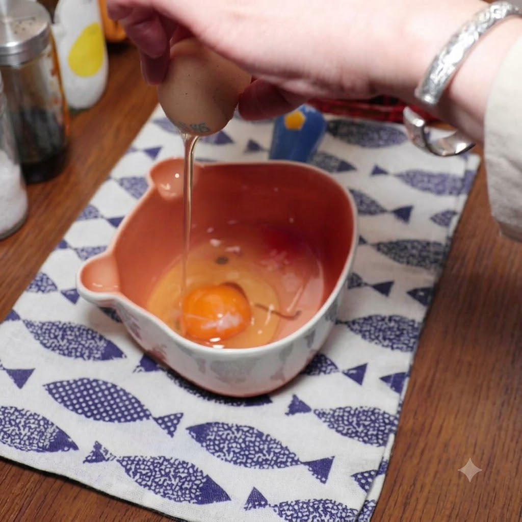 A hand cracking an egg into a pink bear-shaped bowl resting on a fish-patterned mat.