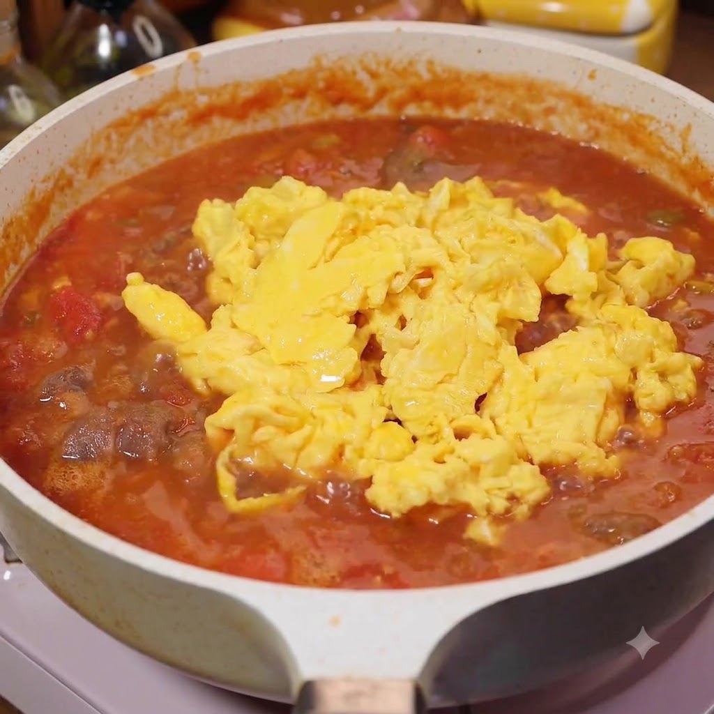 Scrambled eggs and a rich sauce being poured into the pan with tomatoes and beef.