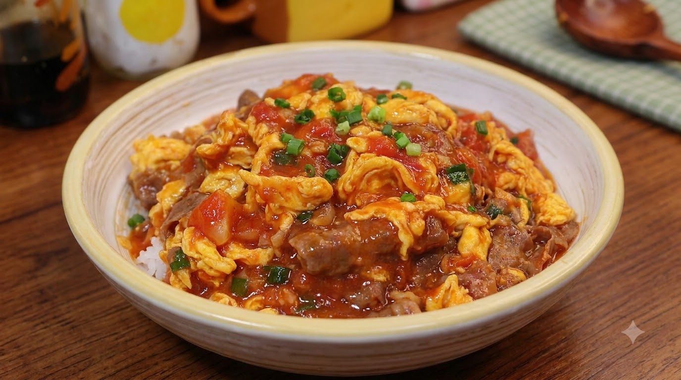 Tomato, Egg, and Beef Rice Bowl