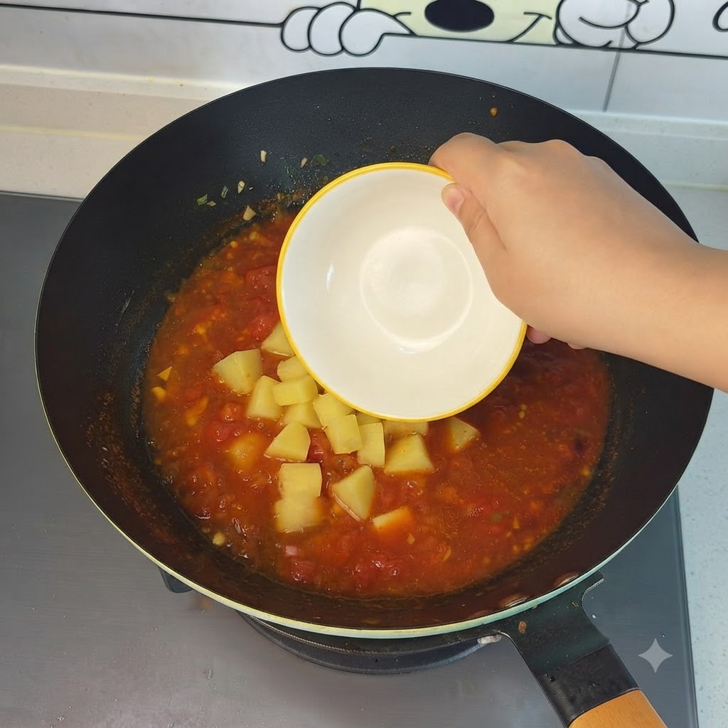Diced potatoes being poured from a small bowl into the bubbling tomato soup in the wok.