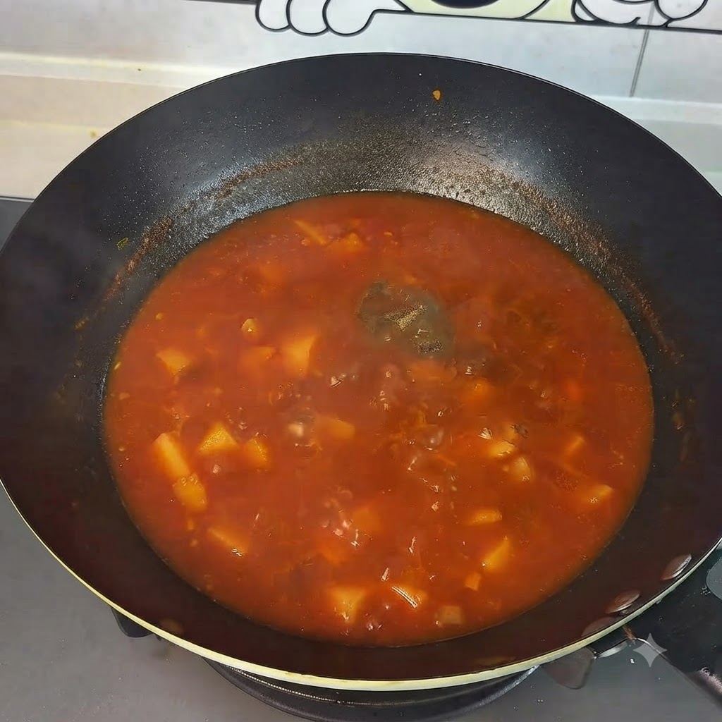 Black pepper and white sugar being sprinkled into the bubbling red tomato and potato soup in a wok.