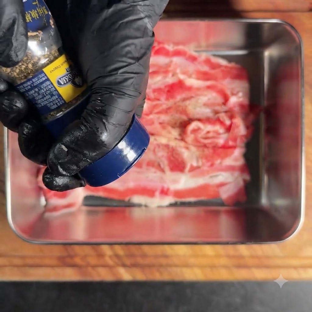 Thinly sliced raw beef in a metal tray being seasoned with black pepper.