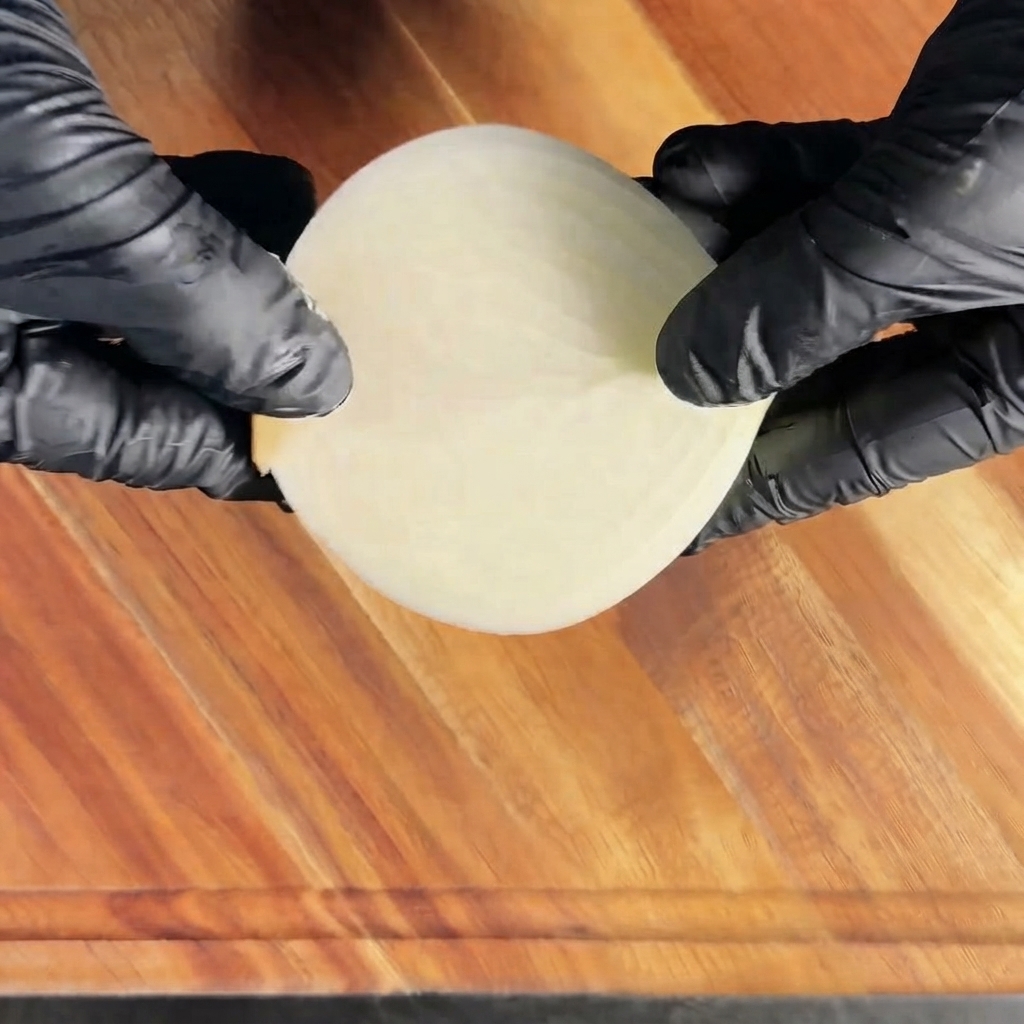White onion being cut into thin strips on a wooden cutting board.
