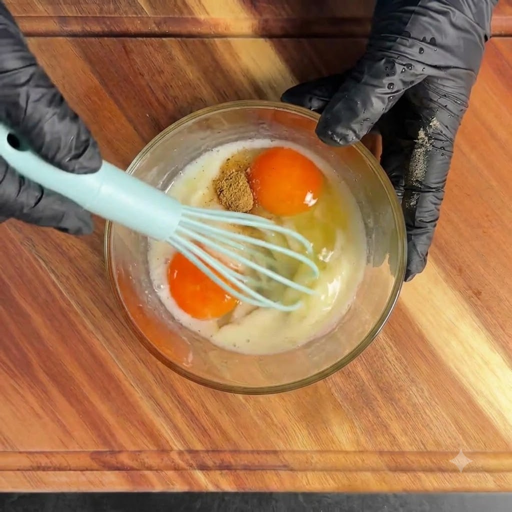 Whisking two eggs with starch, water, and black pepper in a glass bowl to create a smooth mixture.