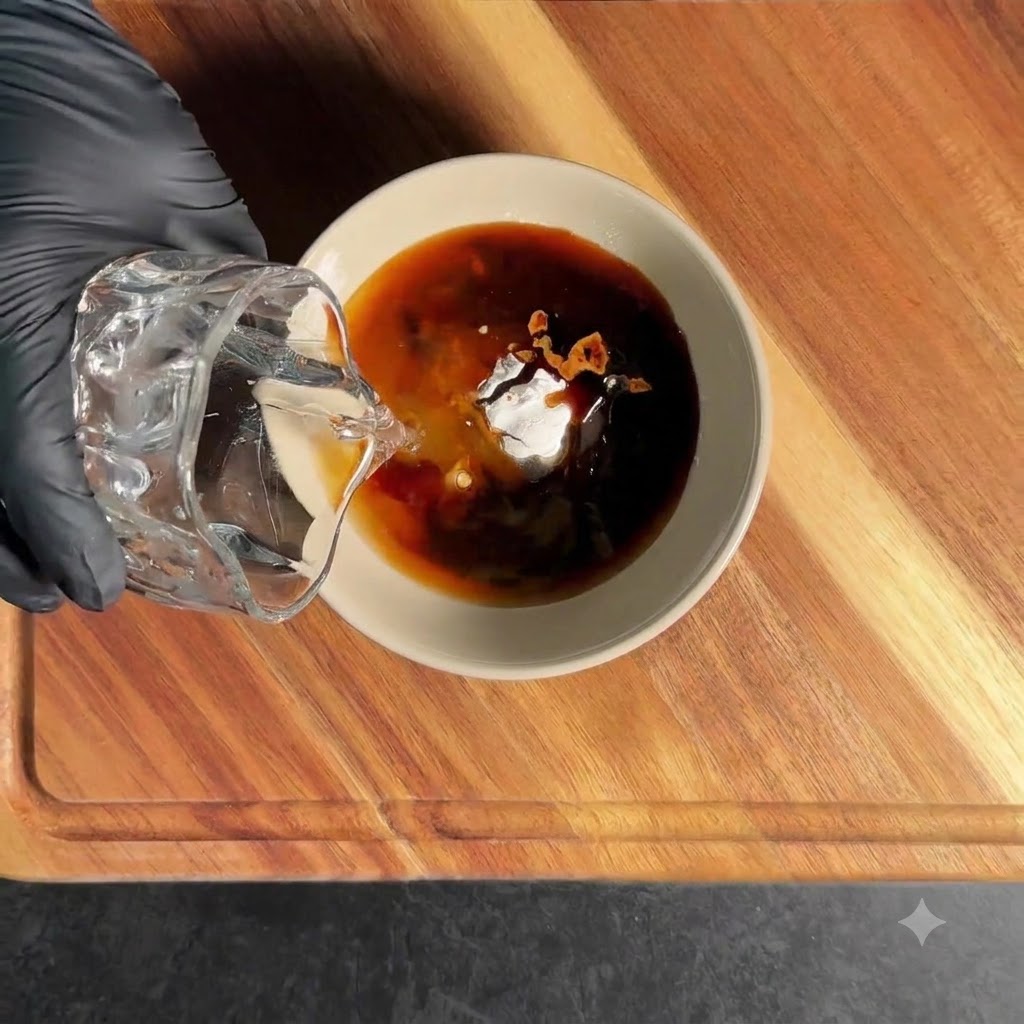 Mixing the teriyaki sauce ingredients—soy sauce, oyster sauce, honey, and starch—in a bowl with water.