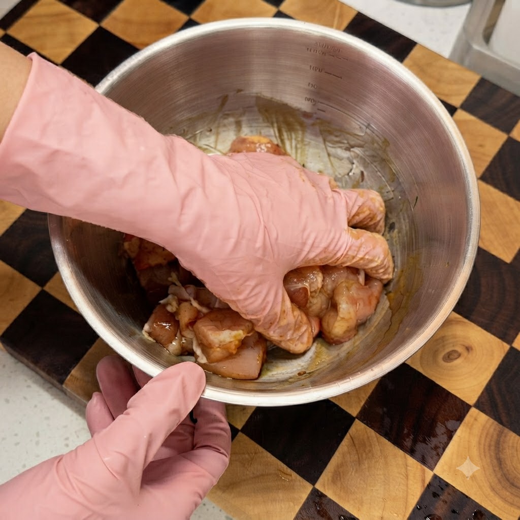 A hand wearing a pink glove mixing marinated raw chicken pieces inside a stainless steel bowl.