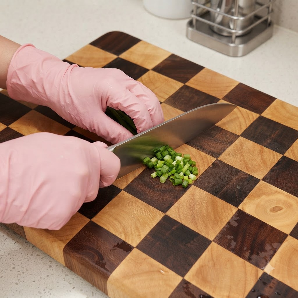 Hands wearing pink gloves chopping fresh green onions with a large knife on a checkered cutting board.