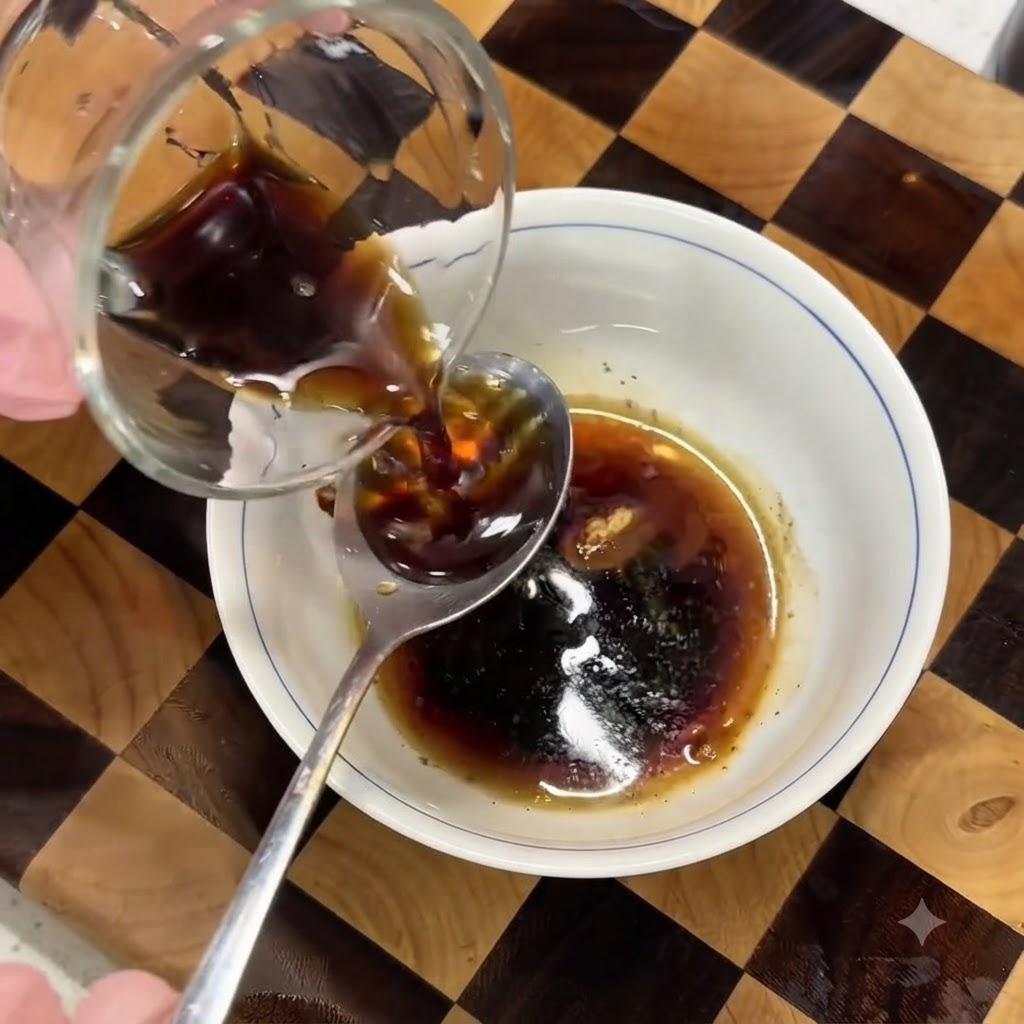 Pouring a dark liquid seasoning from a glass cup into a small white bowl containing a mixture of soy sauce and spices.