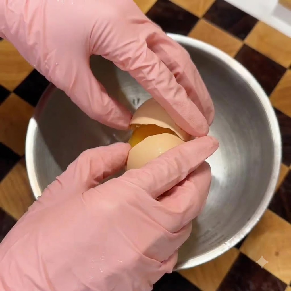 Hands wearing pink gloves cracking a fresh egg into a stainless steel mixing bowl.