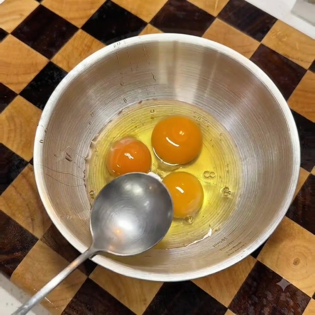 A bowl of cracked eggs with a spoon whisking them together with water.