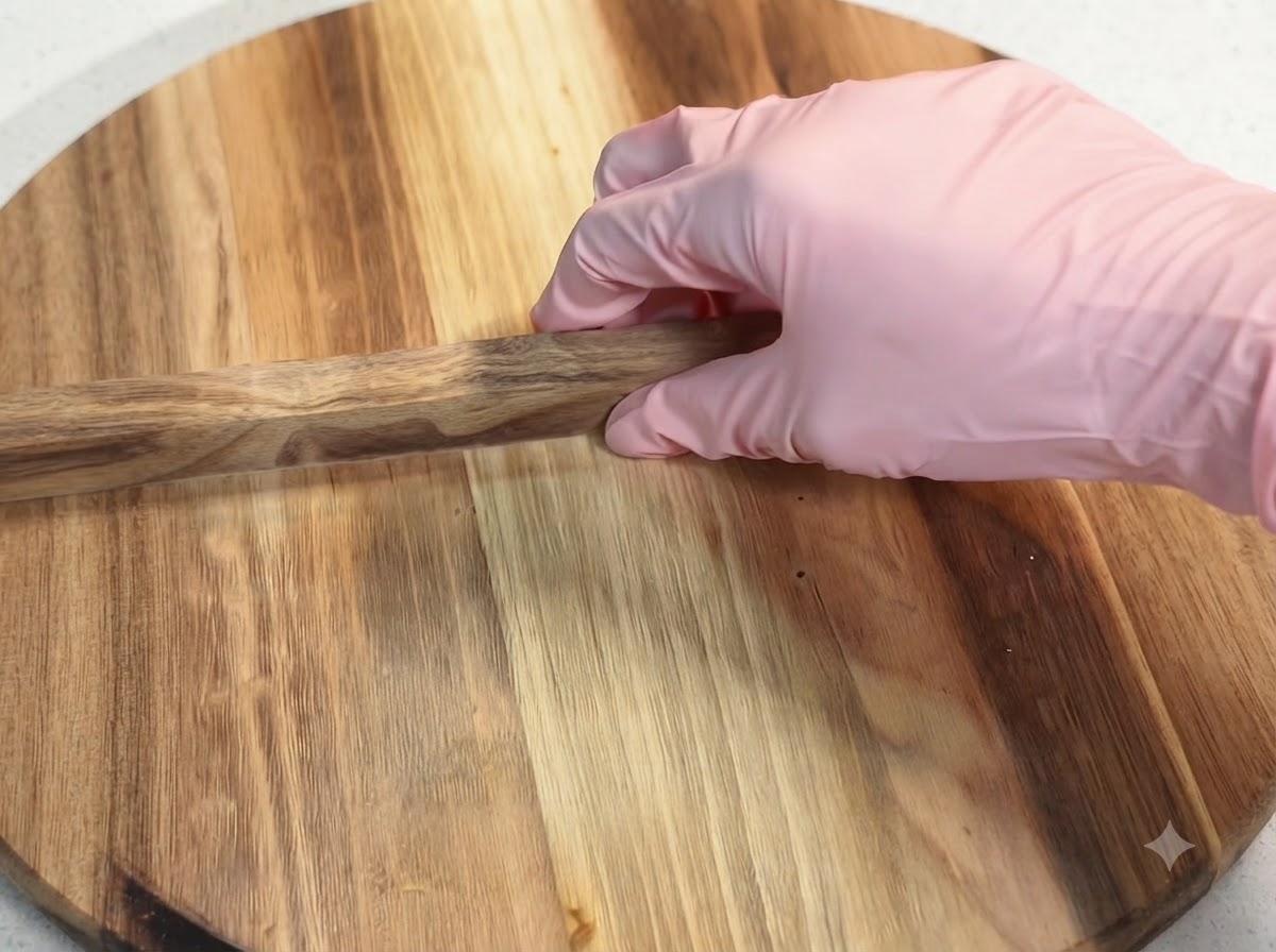A hand wearing a pink glove placing a wooden lid onto a pan.