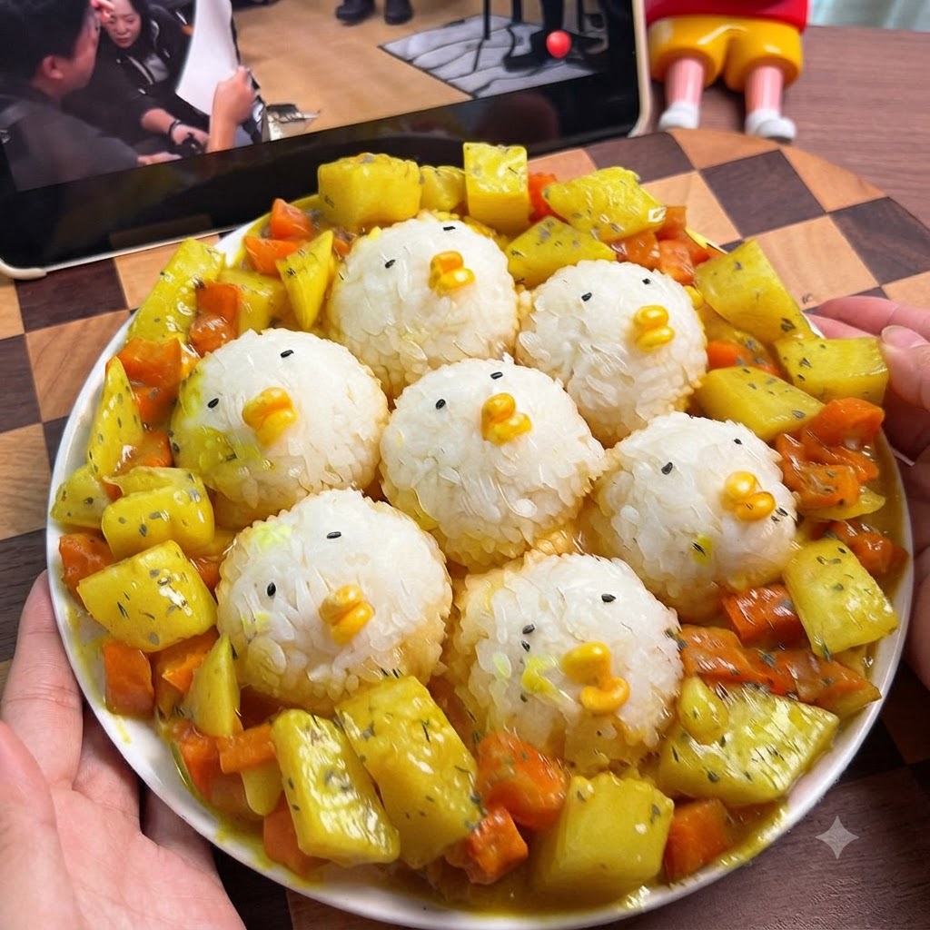 Tweezers placing sesame seeds and corn onto a rice ball to form a chicks face.
