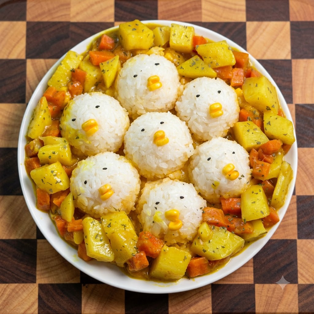 Chick-shaped rice balls being arranged inside a non-stick pan filled with liquid egg mixture.