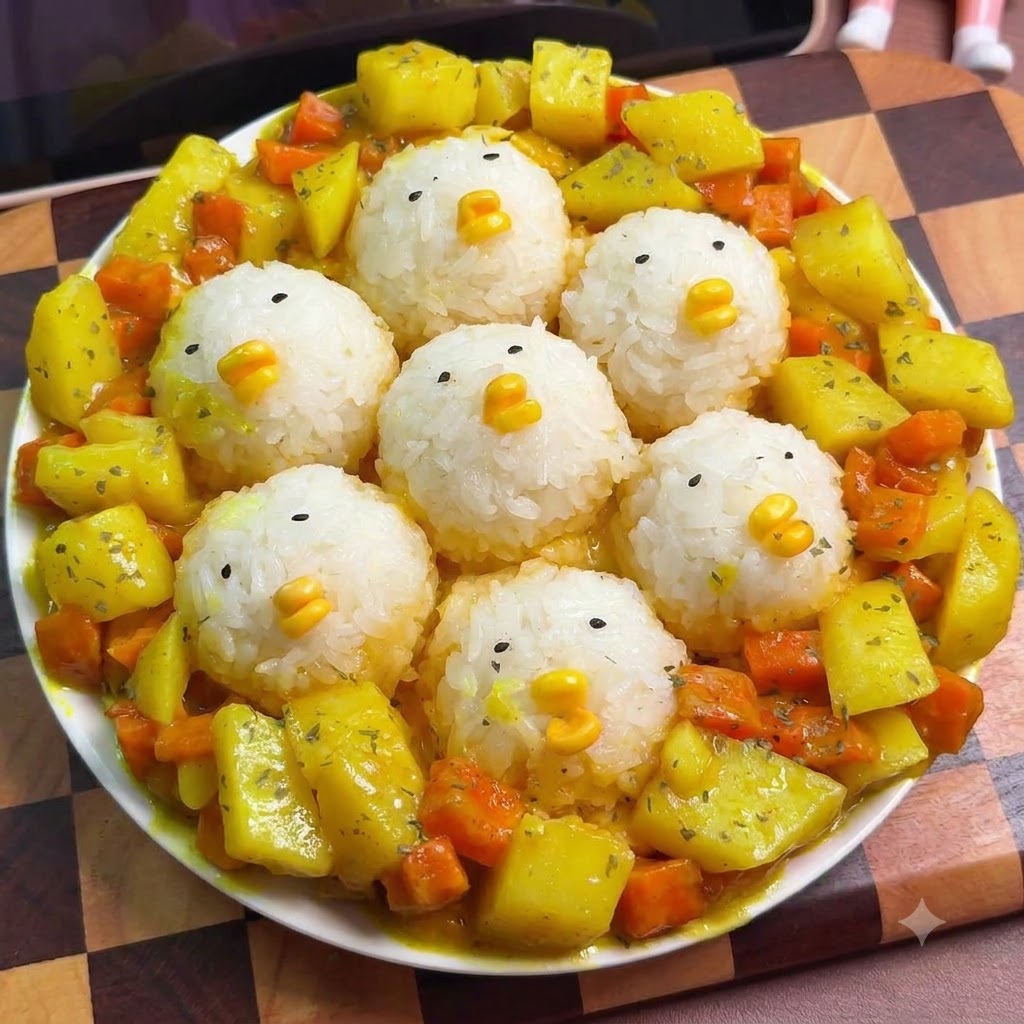 Curry block and water added to sautéed potatoes and carrots in a pan.