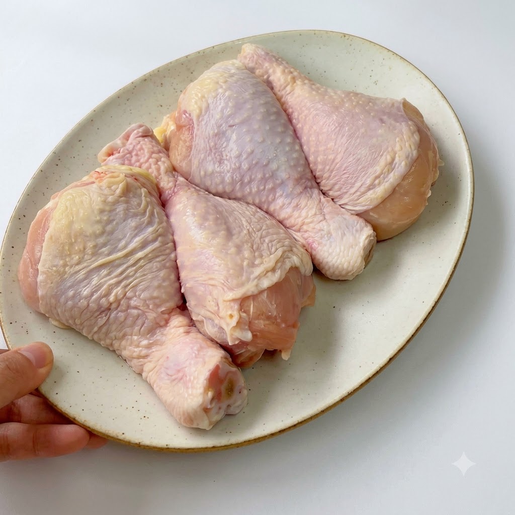 Chicken drumsticks being deboned and chopped on a wooden cutting board using a kitchen knife.