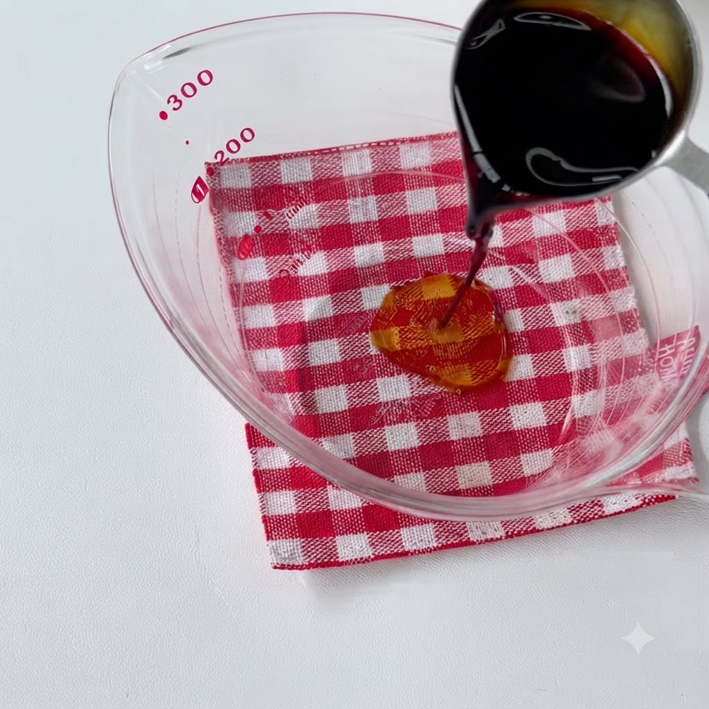 Sauce ingredients being poured and measured inside a glass measuring cup on a red checkered cloth.