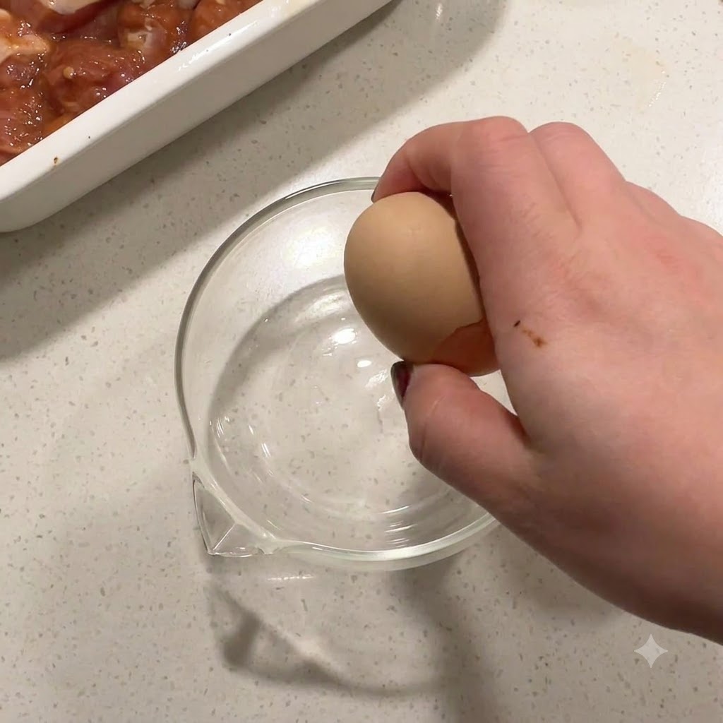 A hand cracking an egg into a glass bowl next to a container of marinated chicken.