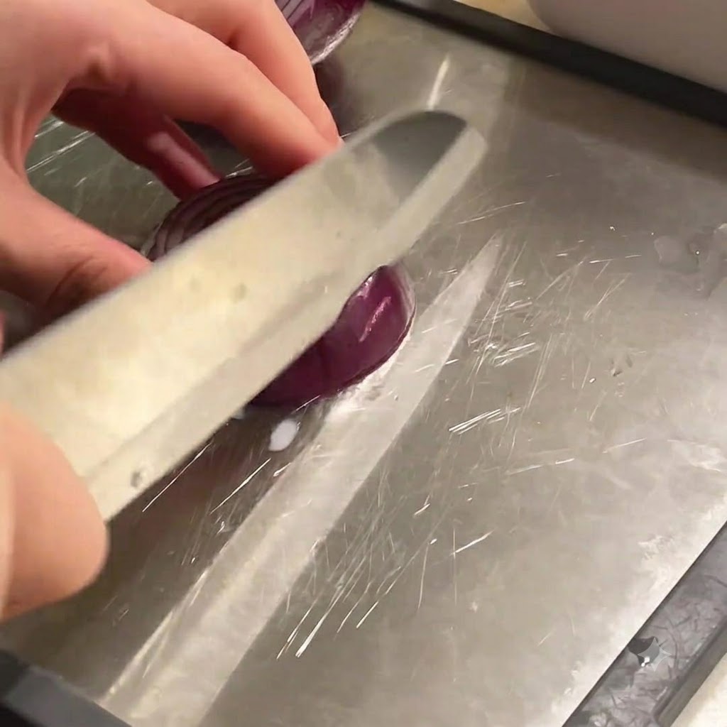 A sharp knife slicing a red onion on a cutting board.