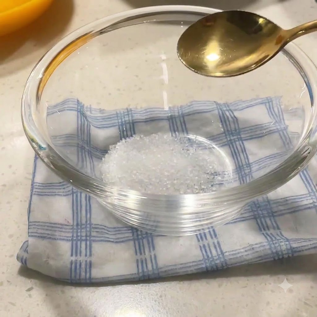 Granulated sugar in a glass bowl with a golden spoon hovering above it.