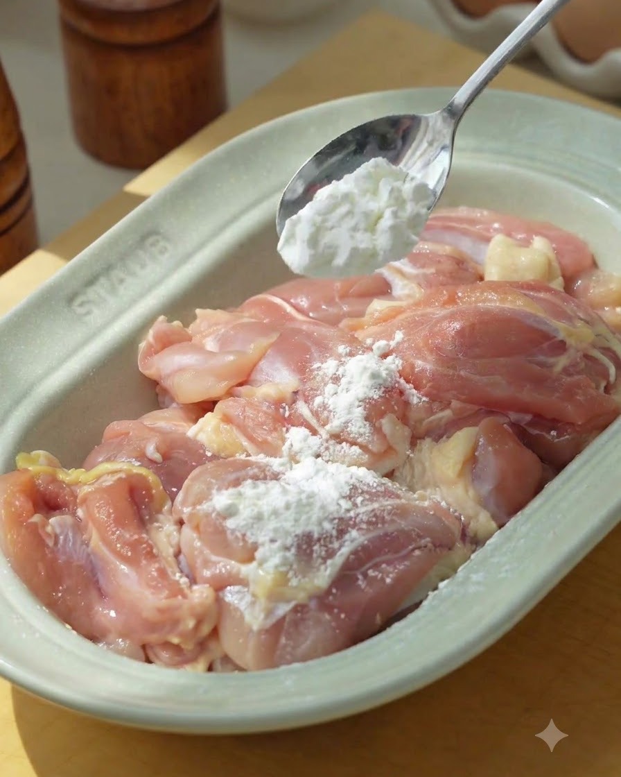 Cornstarch being spooned onto raw chicken pieces inside a light green ceramic dish.