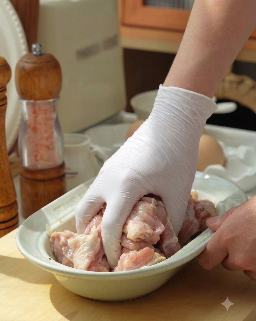 A hand wearing a white kitchen glove mixing raw chicken pieces inside a ceramic dish.