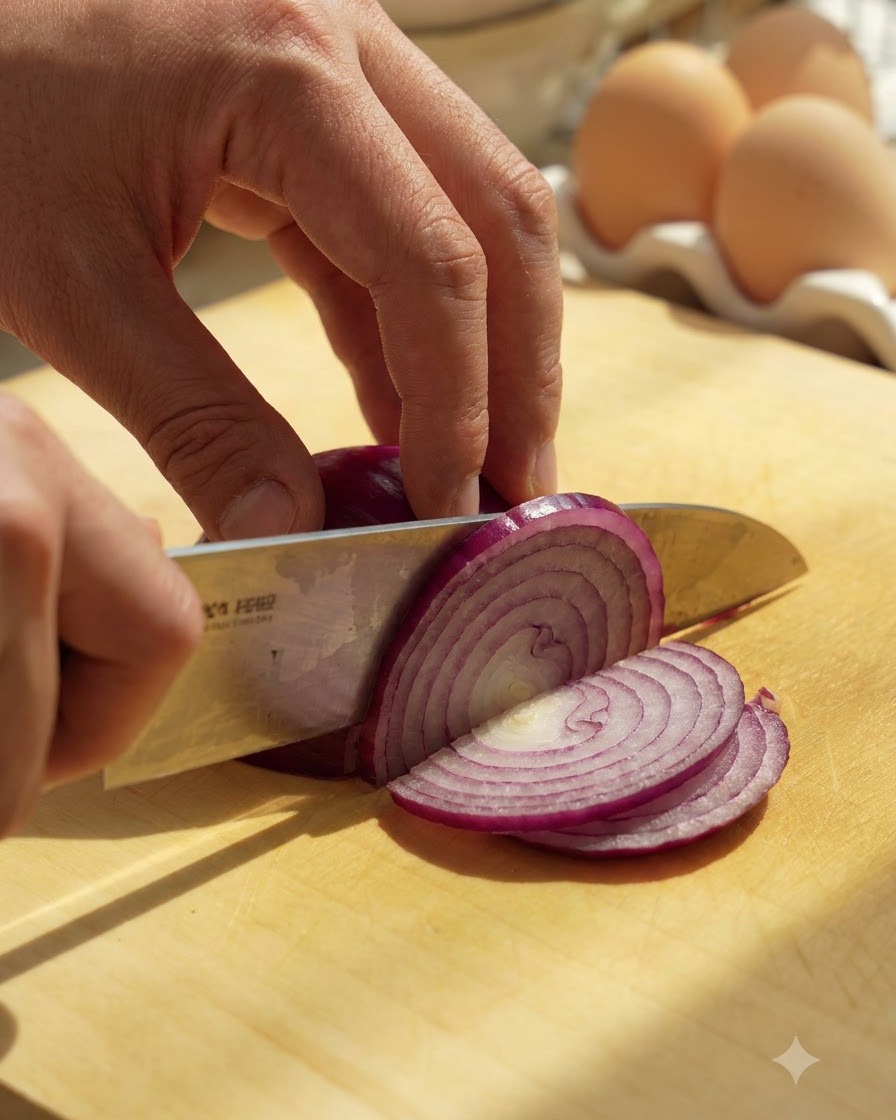 A hand using a knife to slice a red onion into thin strips on a wooden cutting board.