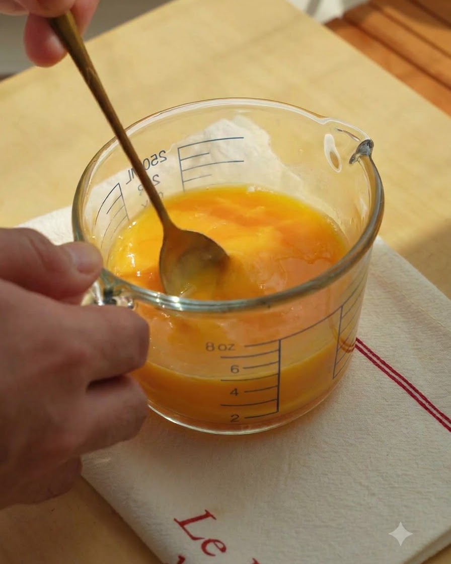 Three cage-free eggs being whisked inside a clear glass measuring cup with a spoon.