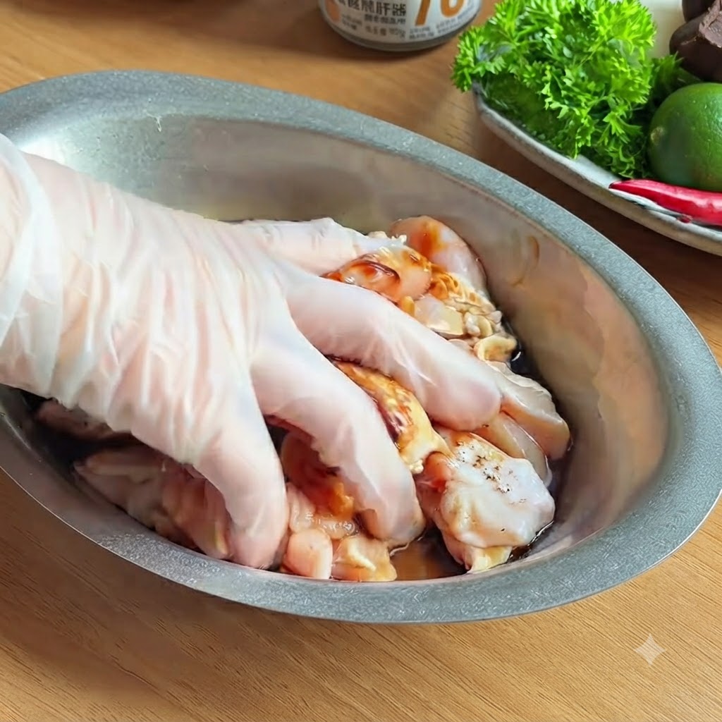 A gloved hand mixing chicken pieces with dark seasonings inside a metal bowl.