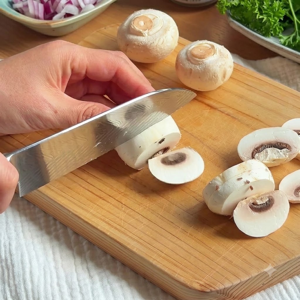 Fresh white mushrooms being sliced with a kitchen knife on a wooden cutting board.