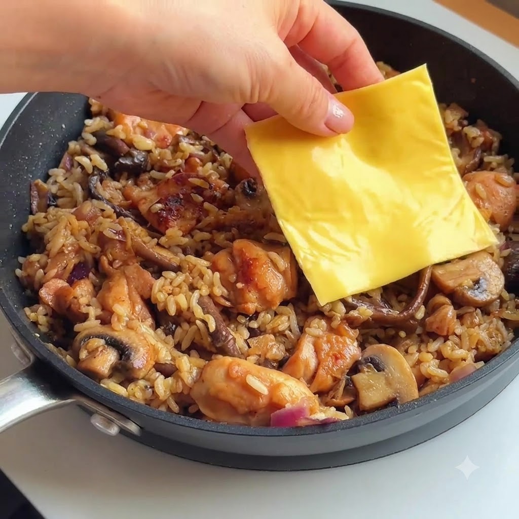 Slices of cheese being placed on top of the chicken and mushroom fried rice.