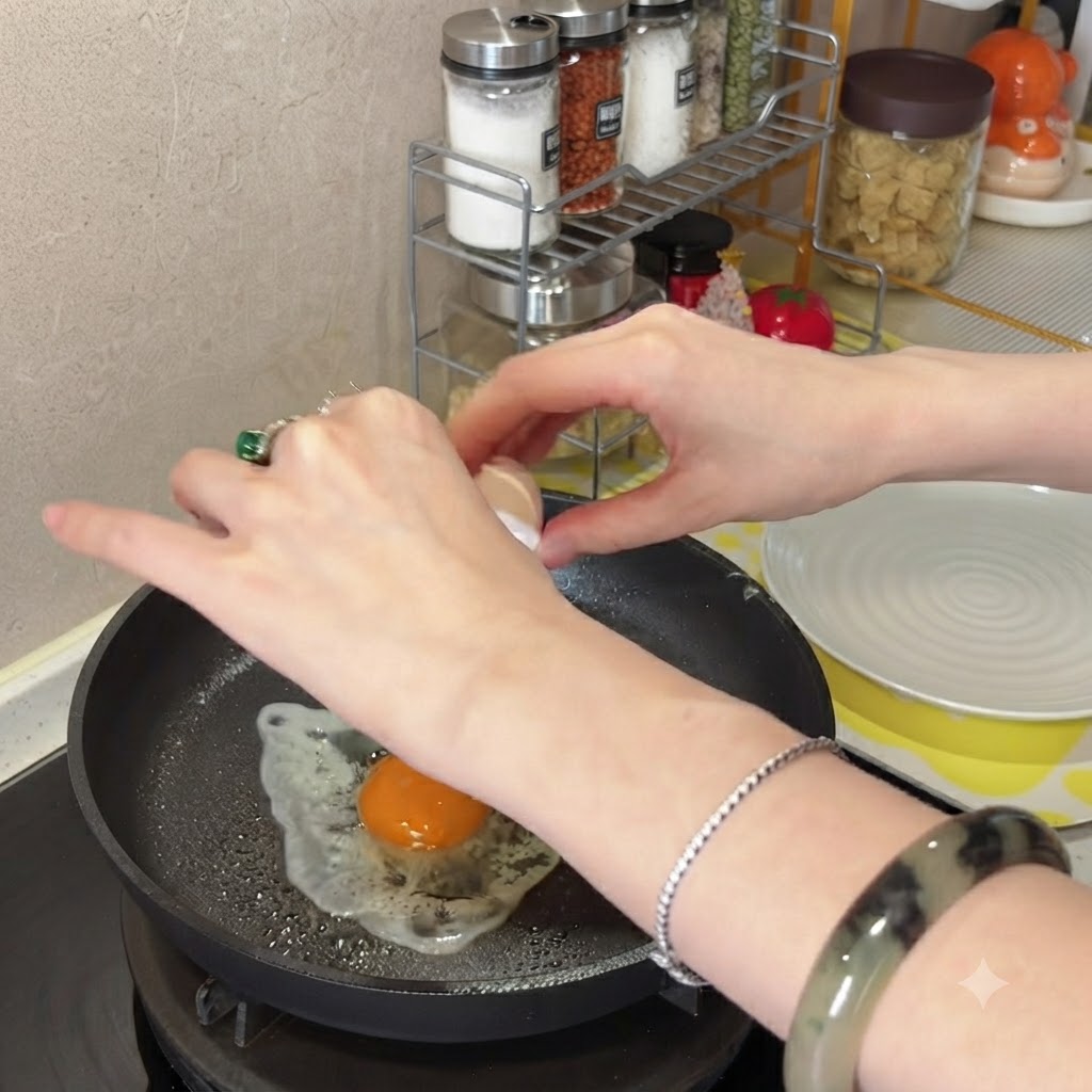 A person cracking an egg into a hot, oiled non-stick frying pan.