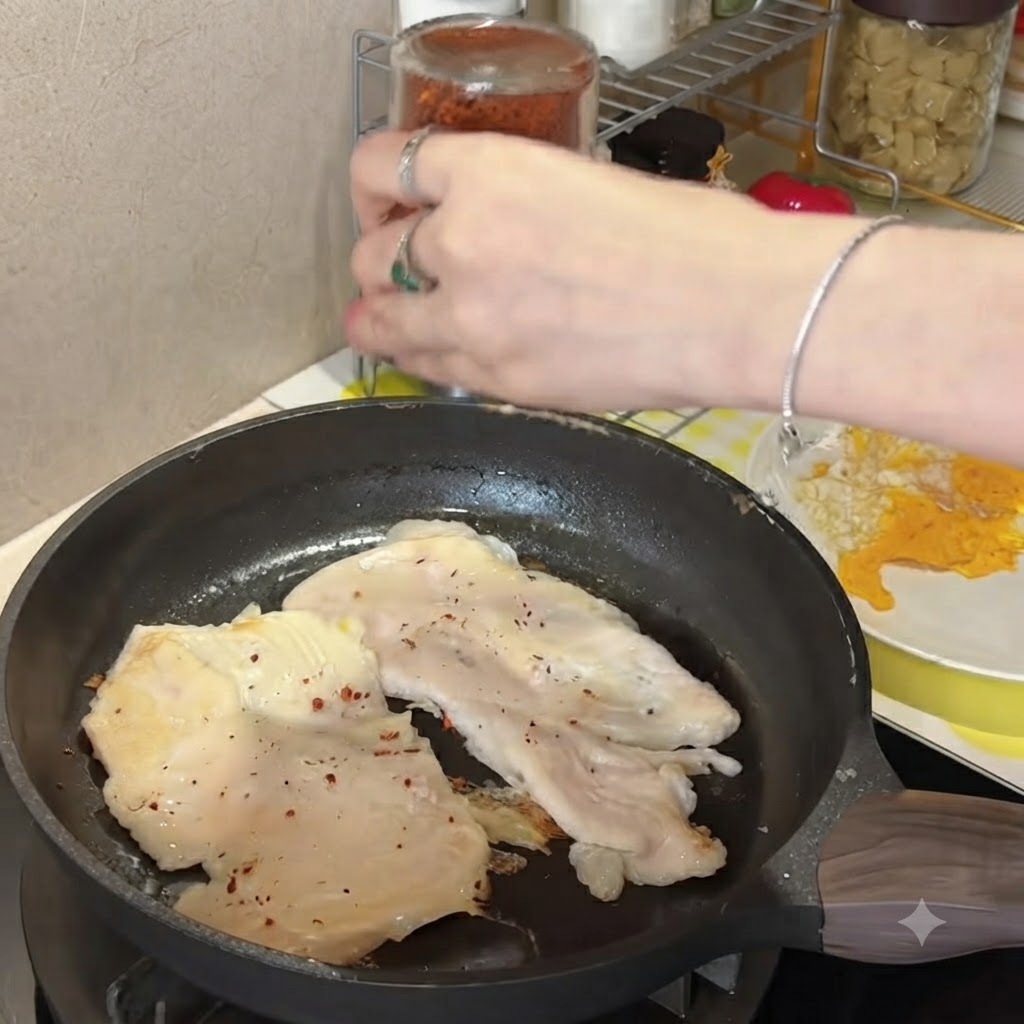 A hand shaking a glass spice jar, sprinkling red chili flakes over two chicken cutlets frying in a pan.