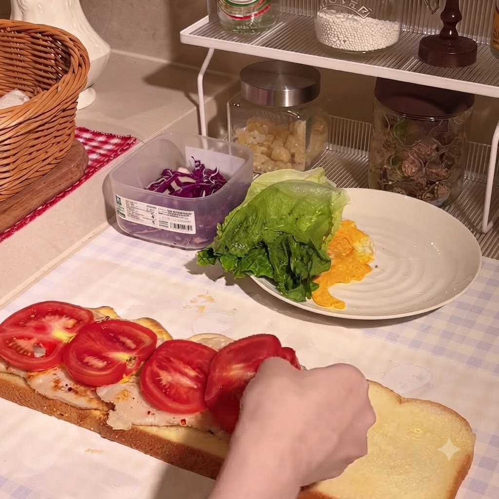 A hand arranging round slices of fresh red tomato over seasoned chicken cutlets layered on a long slice of pumpkin bread.