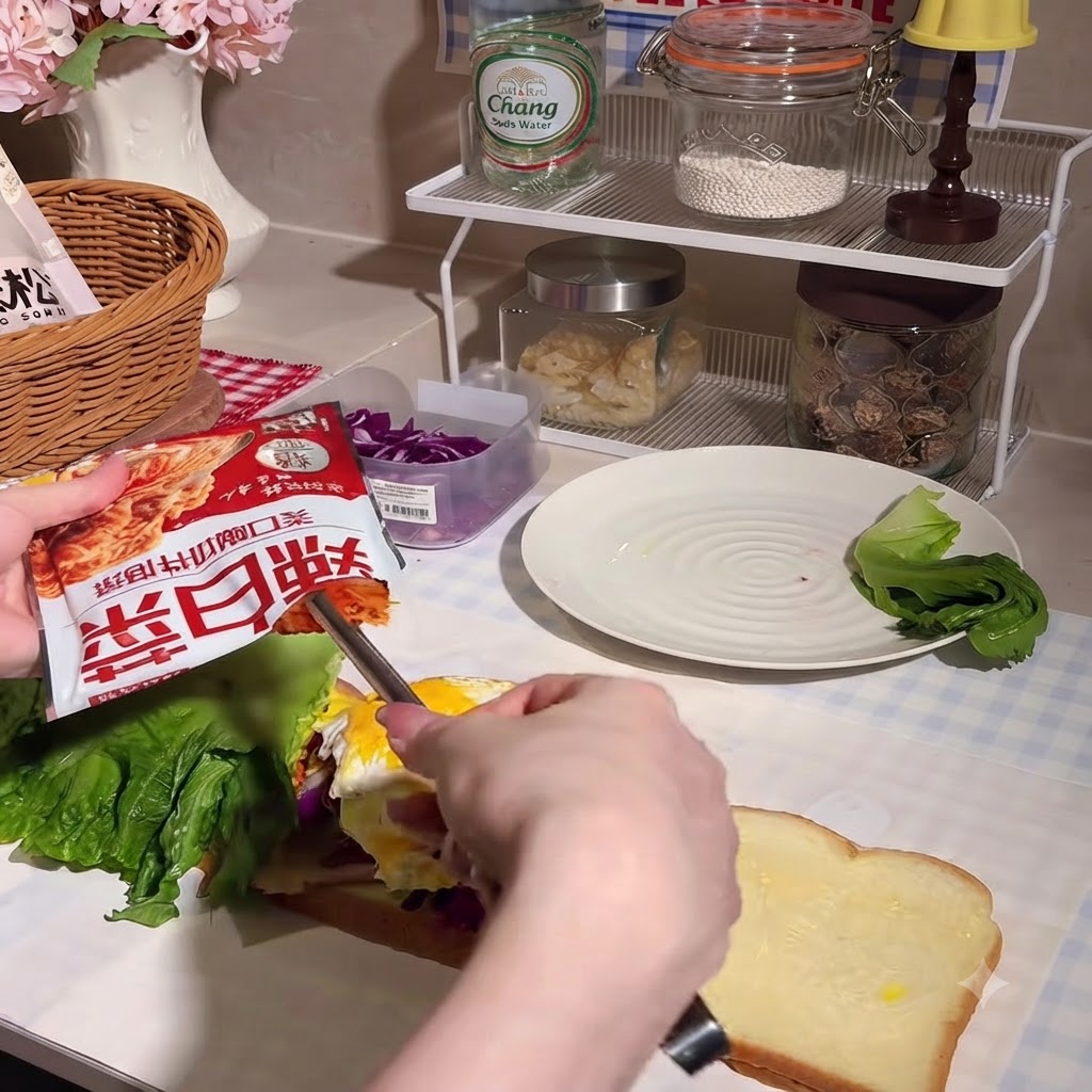 Kimchi being placed onto the growing sandwich stack.