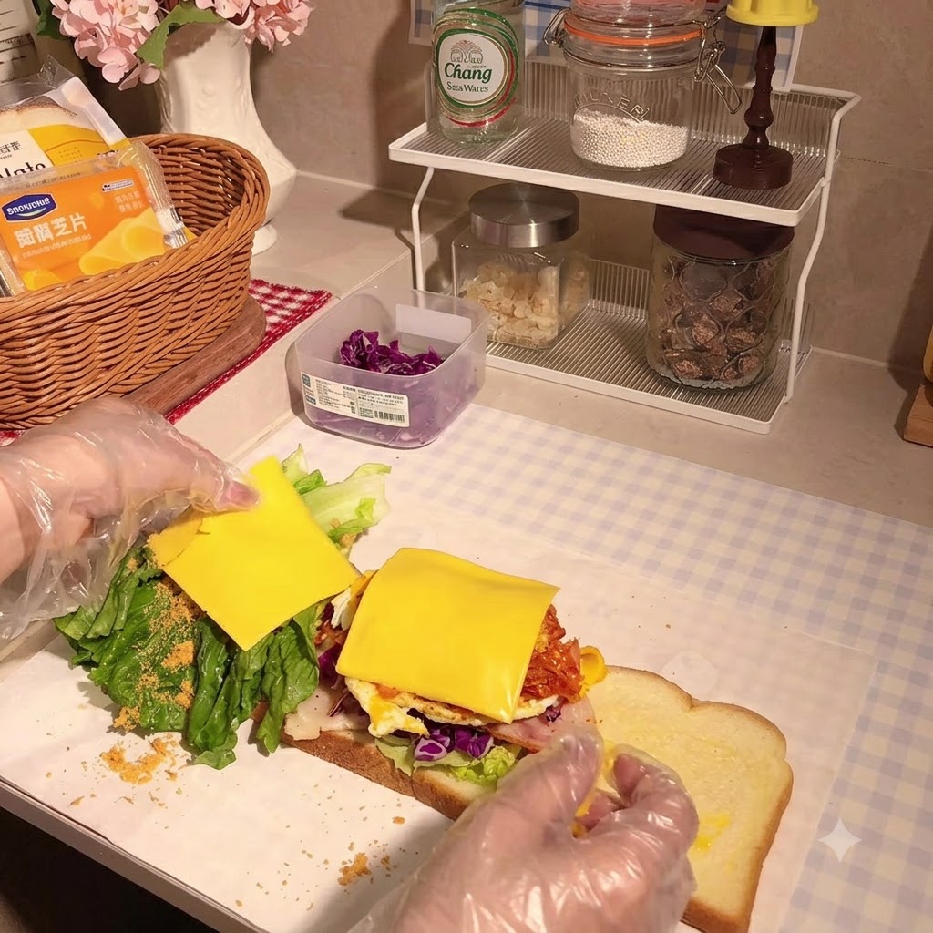 A slice of low-fat cheese being placed on top of the sandwich stack.