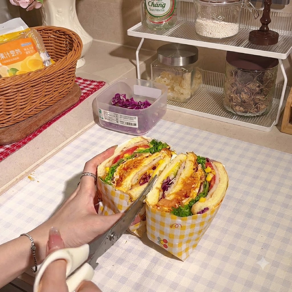 Kitchen shears cutting the wrapped sandwich in half to show the cross-section.