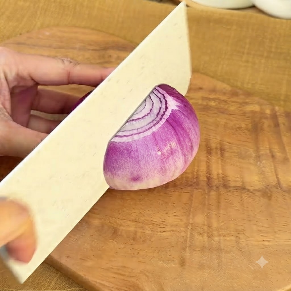 A kitchen knife slicing a red onion into thin strips on a wooden cutting board.