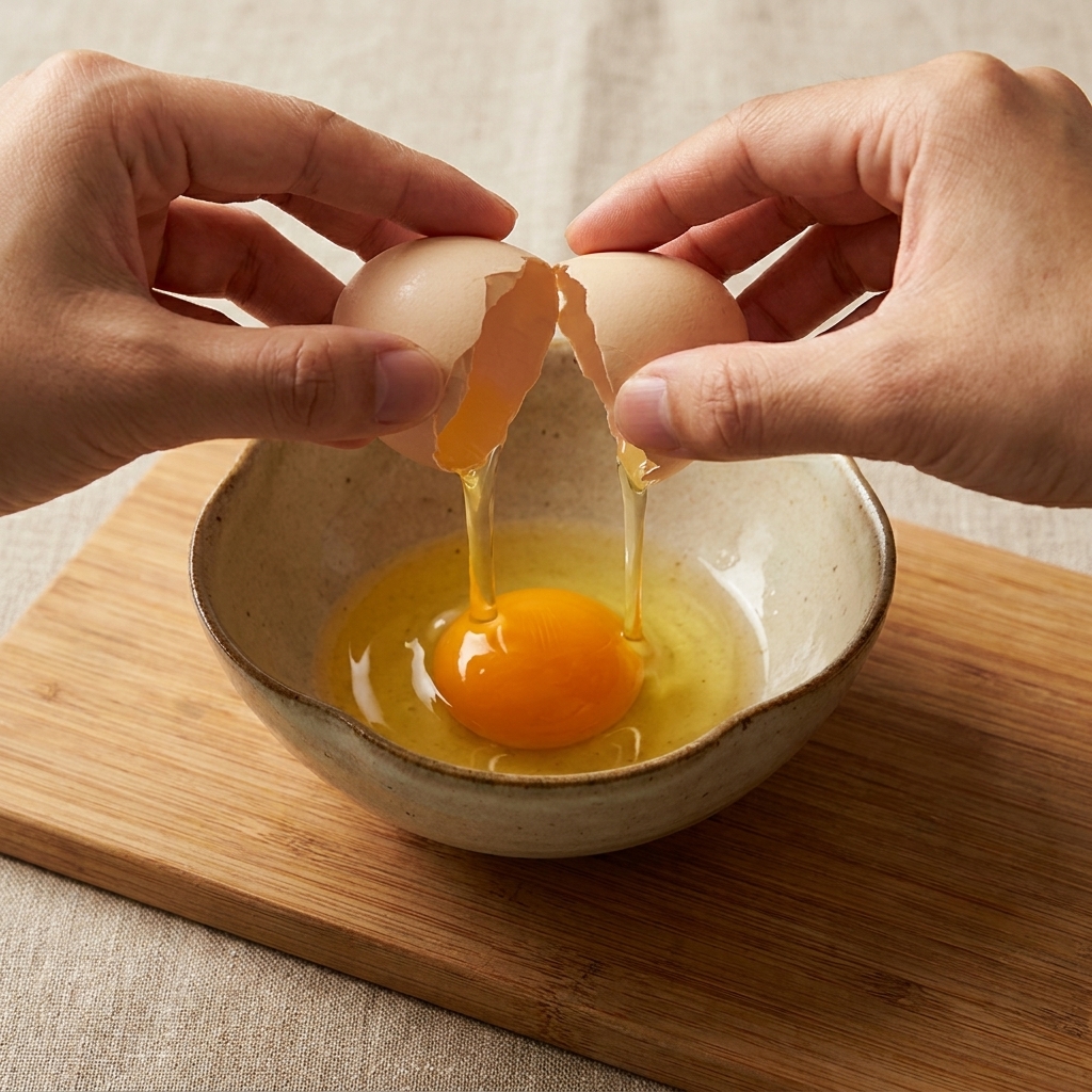 Two eggs being cracked into a ceramic bowl with black pepper seasoning.