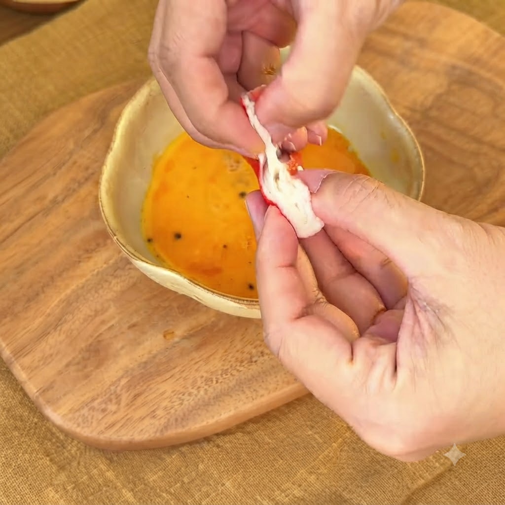 Shredded crab sticks being added to a bowl of raw eggs.
