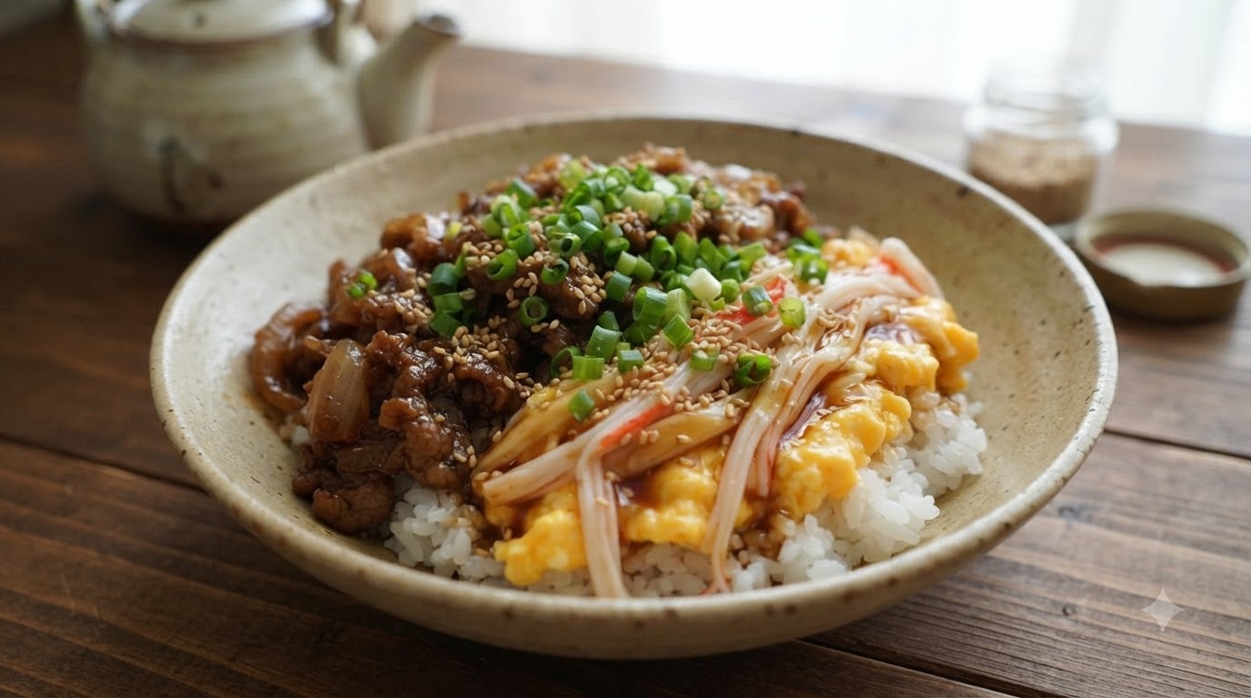 A gourmet beef rice bowl topped with savory caramelized beef, soft scrambled eggs with crab sticks, sesame seeds, and green onionscite: 1.