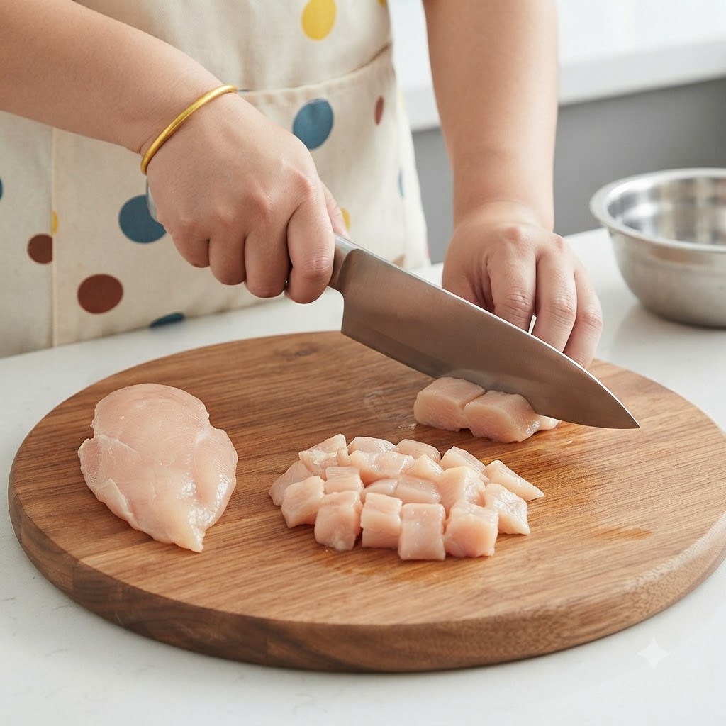 Hands using a large knife to slice raw chicken breast into chunks on a round wooden cutting board.