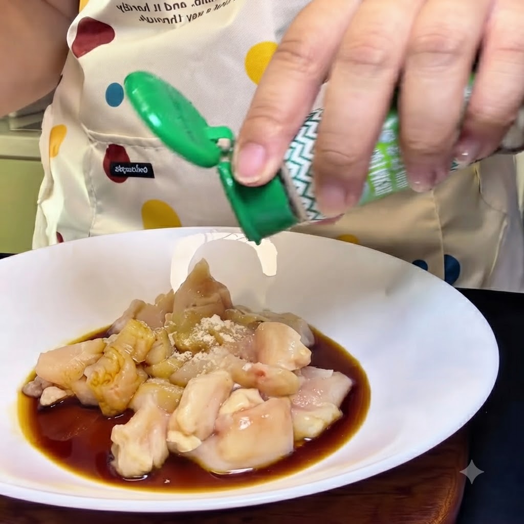 A person shaking a bottle of white pepper over a white bowl filled with raw chicken chunks, soy sauce, and seasonings.