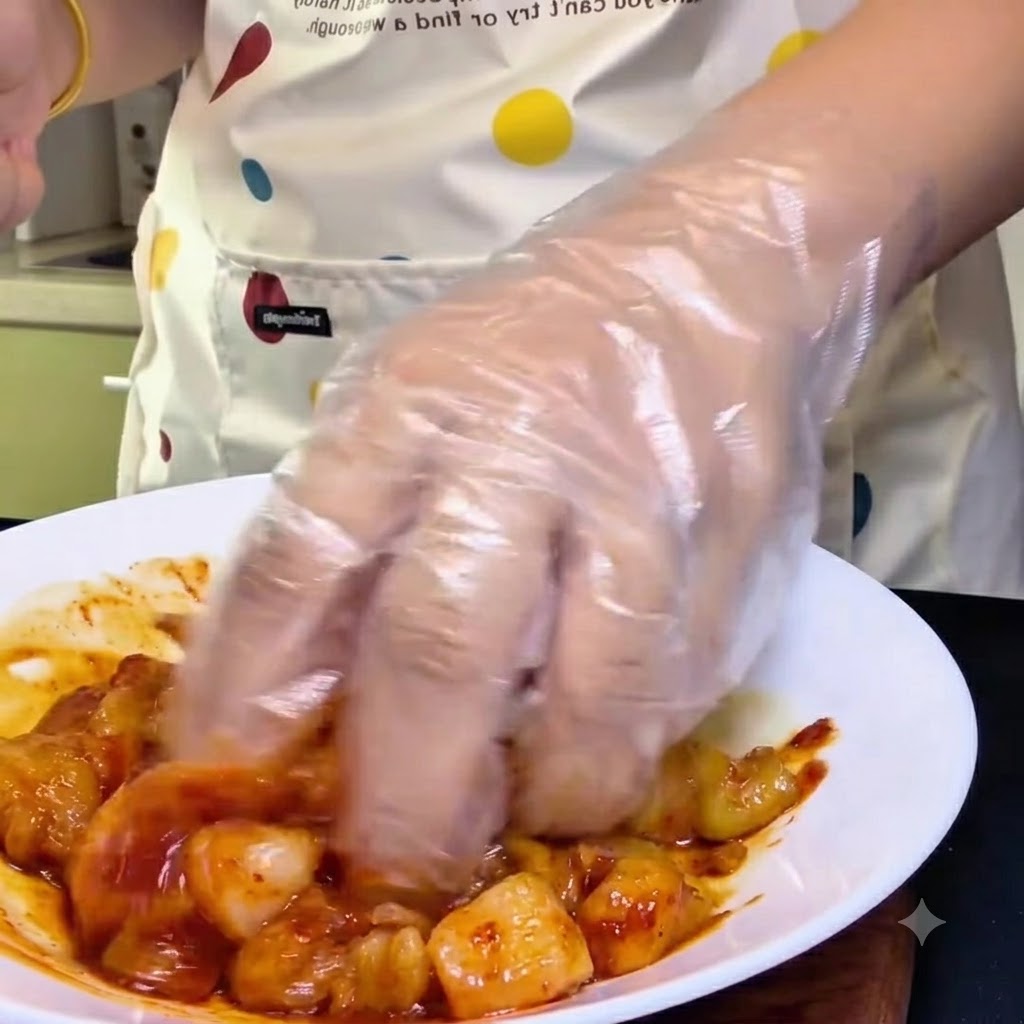 A hand wearing a clear plastic glove mixing raw chicken pieces with a red marinade in a white bowl.
