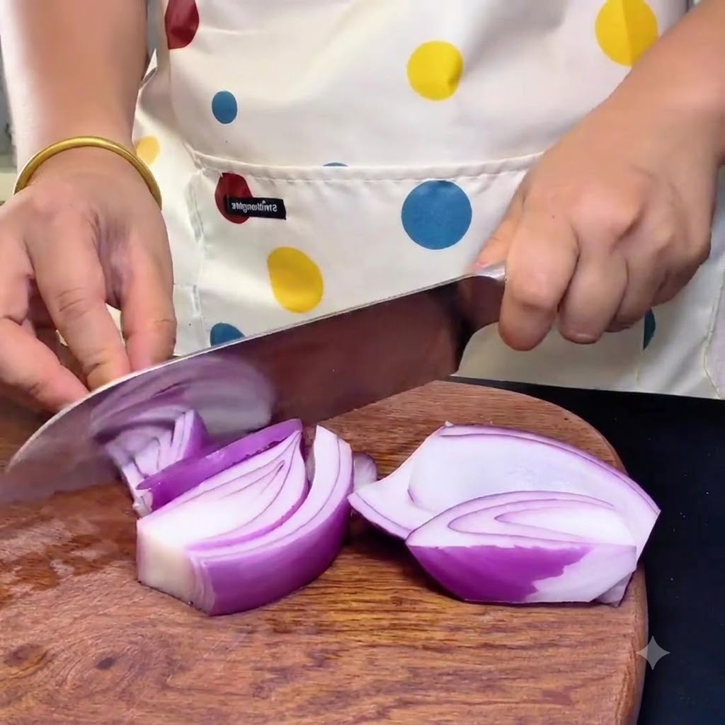 Hands using a chefs knife to dice a purple onion on a wooden cutting board.